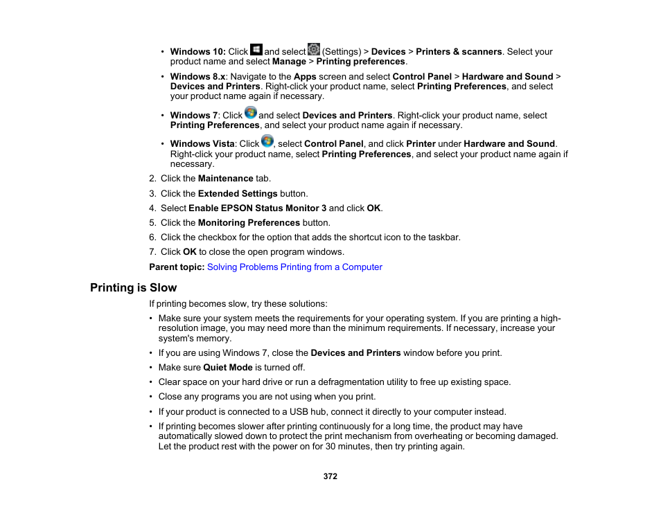 Printing is slow | Epson WorkForce Pro WF-C5890 Wireless Color MFP Inkjet Printer User Manual | Page 372 / 426