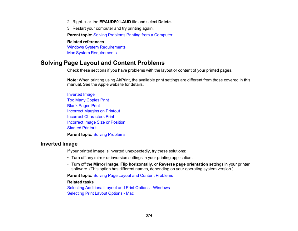 Inverted image, Solving page layout and content problems | Epson WorkForce Pro WF-C5890 Wireless Color MFP Inkjet Printer User Manual | Page 374 / 426