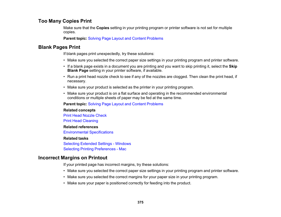 Too many copies print, Incorrect margins on printout | Epson WorkForce Pro WF-C5890 Wireless Color MFP Inkjet Printer User Manual | Page 375 / 426