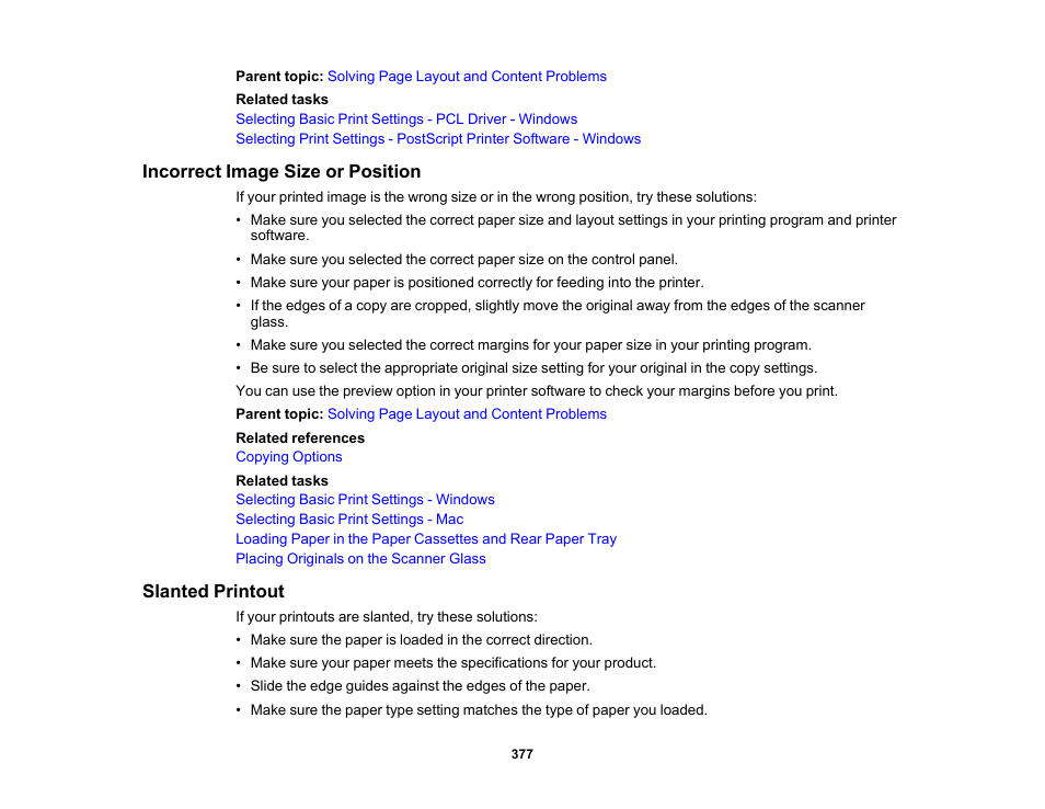 Incorrect image size or position, Slanted printout, Incorrect image size or position slanted printout | Epson WorkForce Pro WF-C5890 Wireless Color MFP Inkjet Printer User Manual | Page 377 / 426