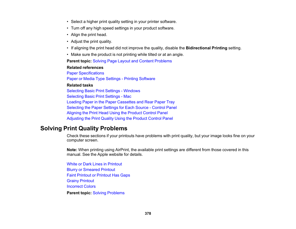Solving print quality problems | Epson WorkForce Pro WF-C5890 Wireless Color MFP Inkjet Printer User Manual | Page 378 / 426