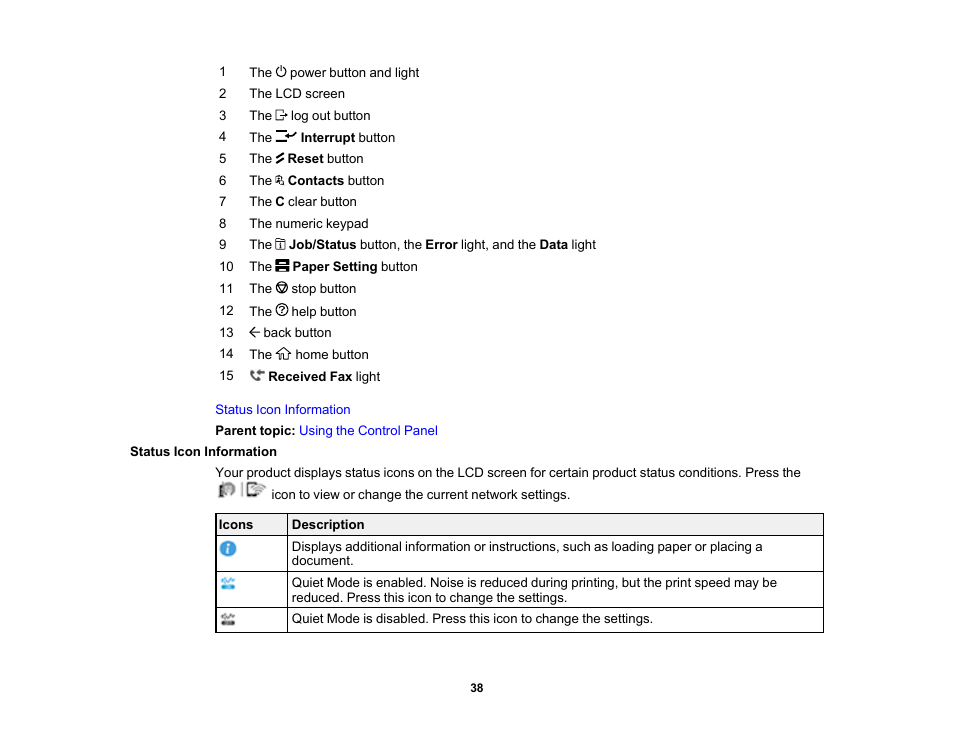 Status icon information | Epson WorkForce Pro WF-C5890 Wireless Color MFP Inkjet Printer User Manual | Page 38 / 426