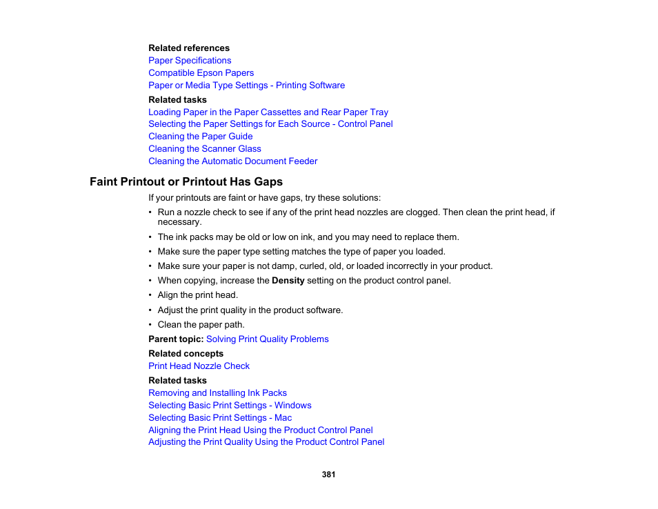 Faint printout or printout has gaps | Epson WorkForce Pro WF-C5890 Wireless Color MFP Inkjet Printer User Manual | Page 381 / 426