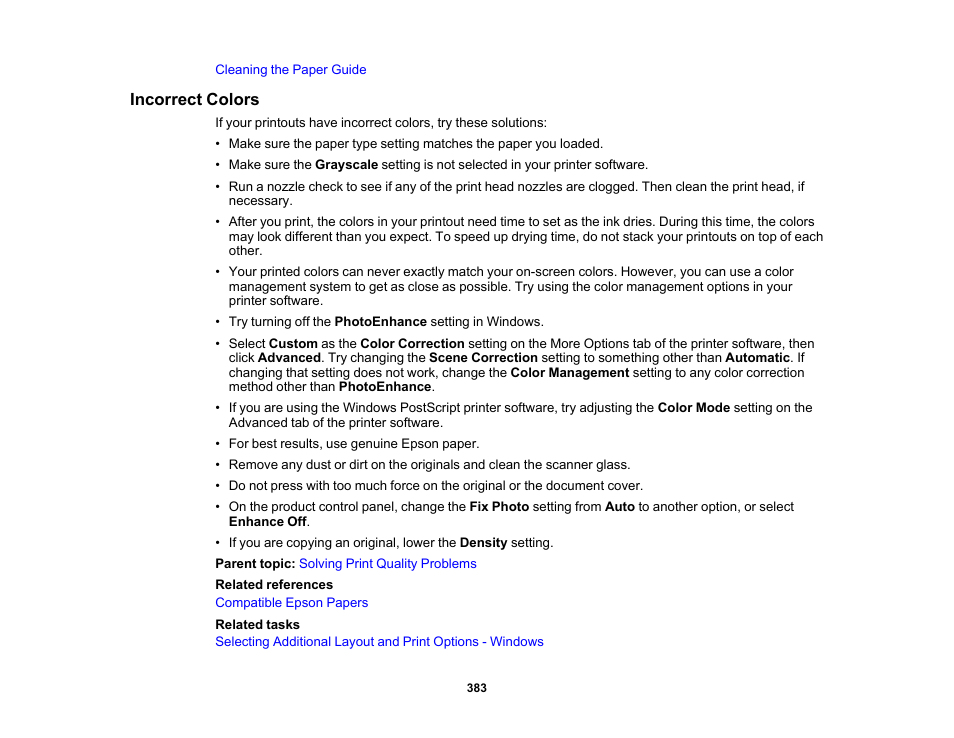 Incorrect colors | Epson WorkForce Pro WF-C5890 Wireless Color MFP Inkjet Printer User Manual | Page 383 / 426