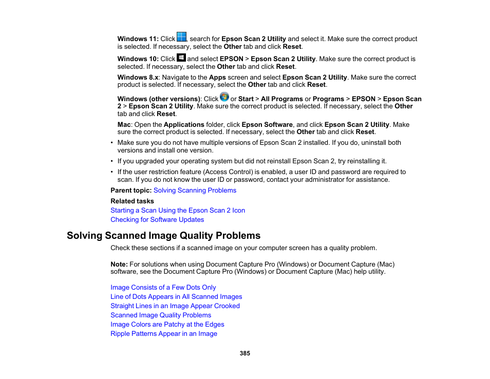 Solving scanned image quality problems | Epson WorkForce Pro WF-C5890 Wireless Color MFP Inkjet Printer User Manual | Page 385 / 426