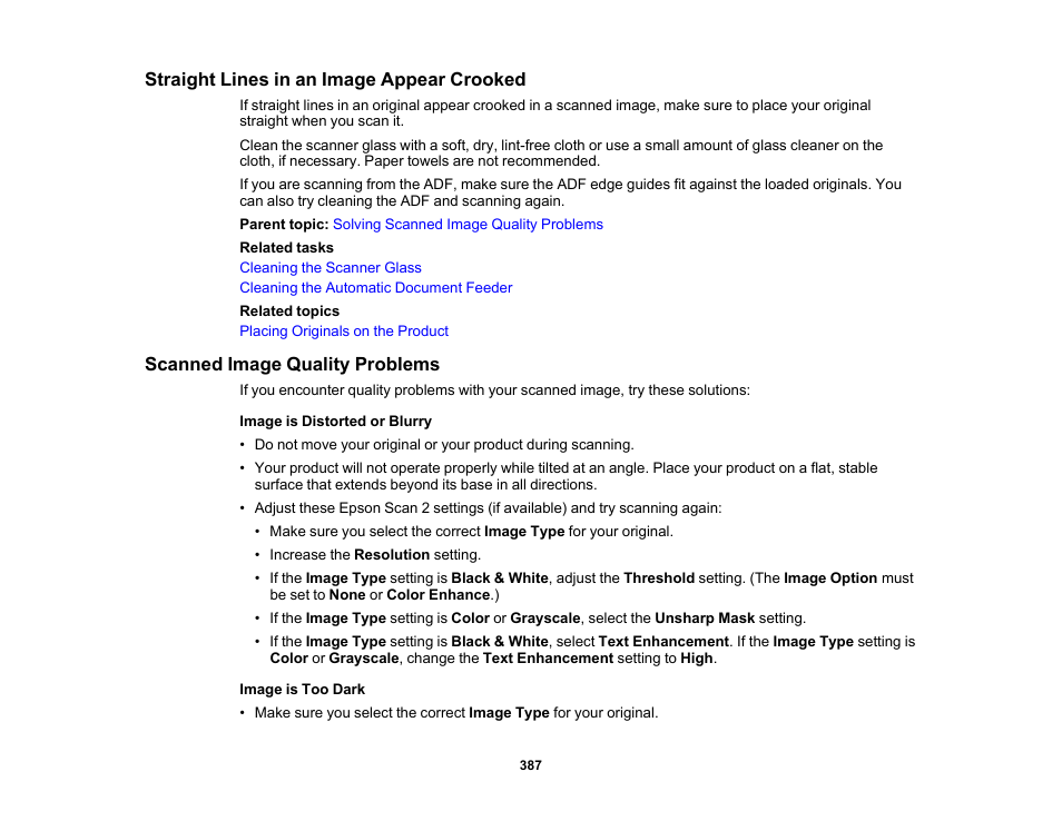 Straight lines in an image appear crooked, Scanned image quality problems | Epson WorkForce Pro WF-C5890 Wireless Color MFP Inkjet Printer User Manual | Page 387 / 426