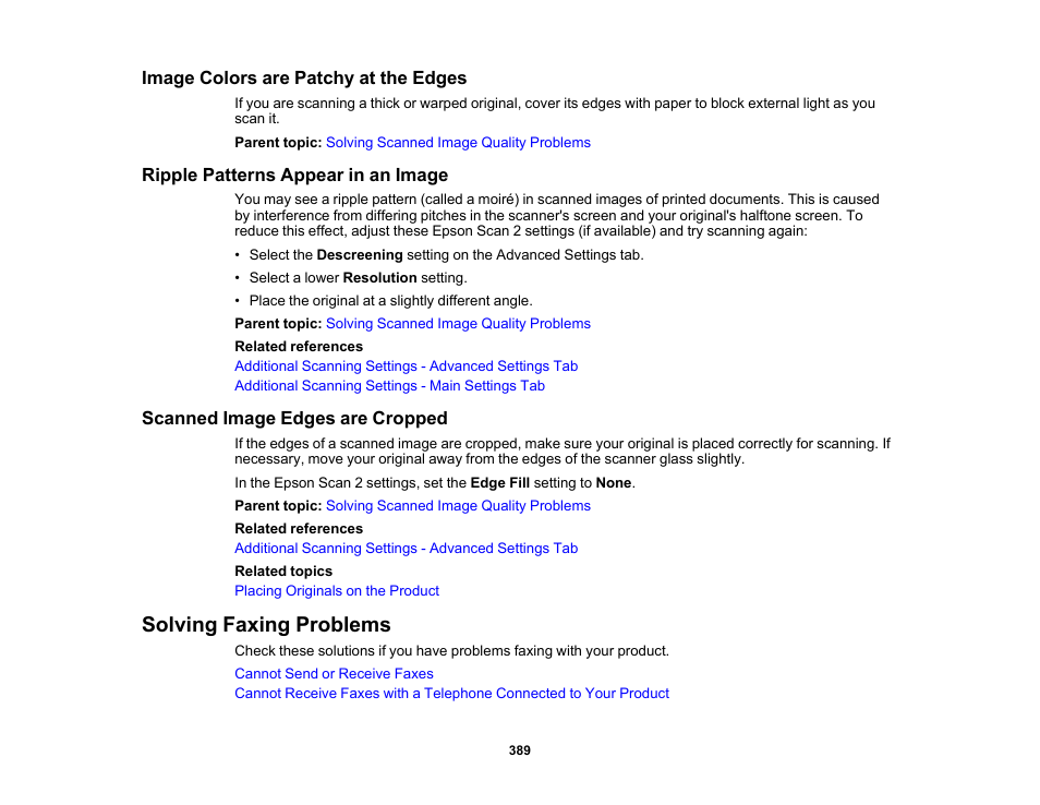 Image colors are patchy at the edges, Ripple patterns appear in an image, Scanned image edges are cropped | Solving faxing problems | Epson WorkForce Pro WF-C5890 Wireless Color MFP Inkjet Printer User Manual | Page 389 / 426