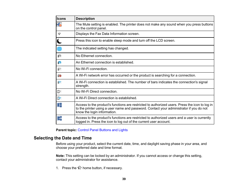 Selecting the date and time | Epson WorkForce Pro WF-C5890 Wireless Color MFP Inkjet Printer User Manual | Page 39 / 426