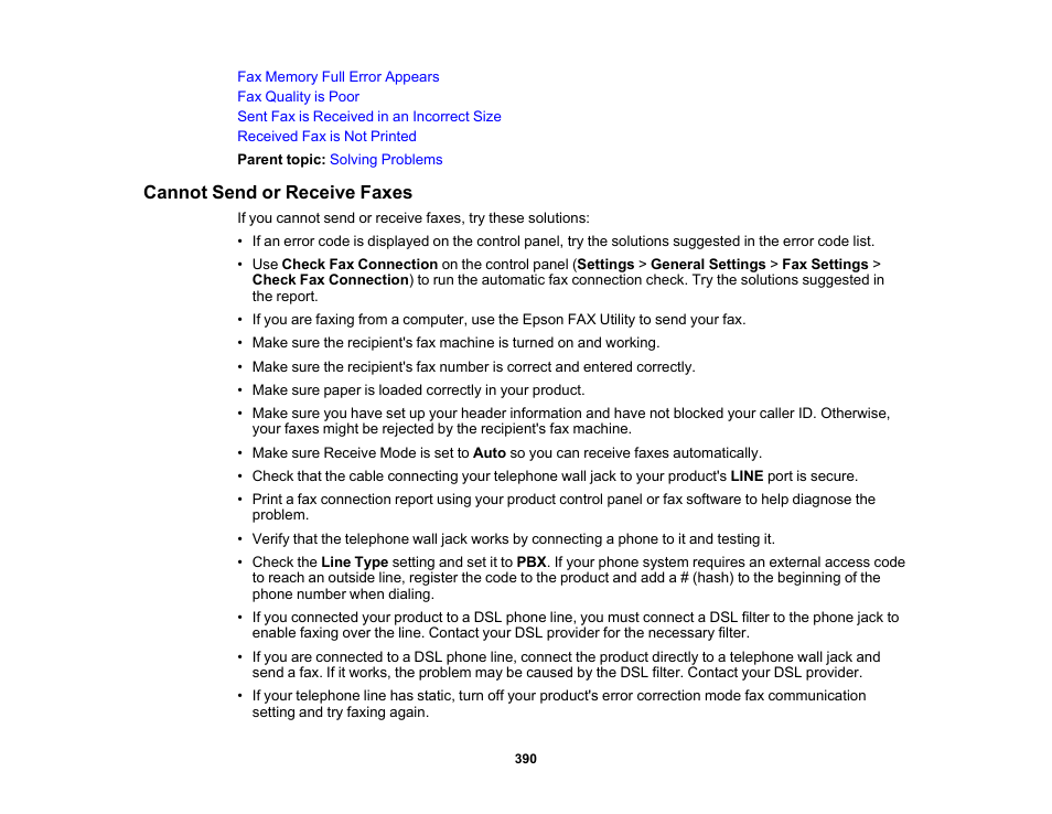 Cannot send or receive faxes | Epson WorkForce Pro WF-C5890 Wireless Color MFP Inkjet Printer User Manual | Page 390 / 426