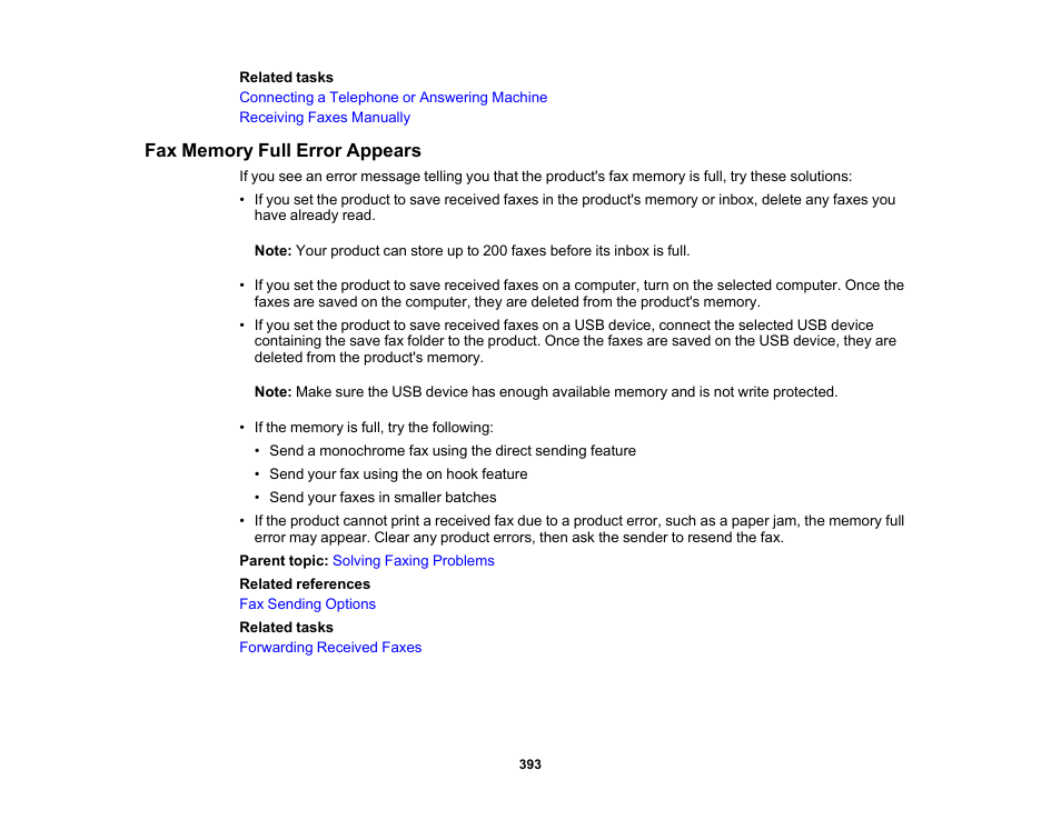 Fax memory full error appears | Epson WorkForce Pro WF-C5890 Wireless Color MFP Inkjet Printer User Manual | Page 393 / 426