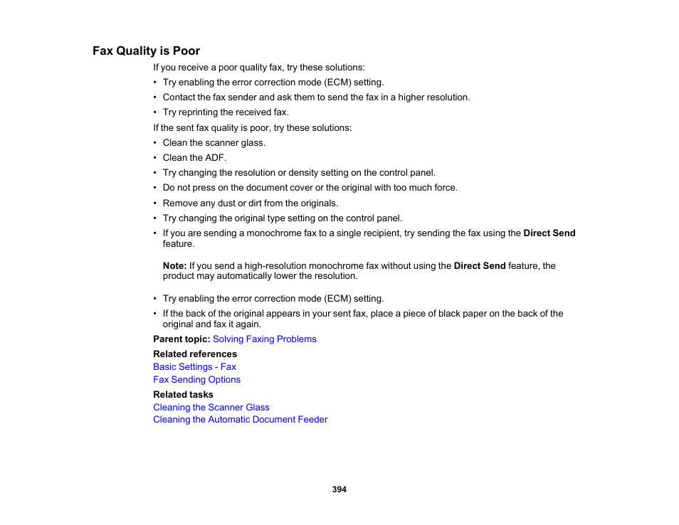 Fax quality is poor | Epson WorkForce Pro WF-C5890 Wireless Color MFP Inkjet Printer User Manual | Page 394 / 426