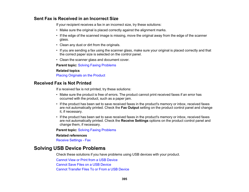 Sent fax is received in an incorrect size, Received fax is not printed, Solving usb device problems | Epson WorkForce Pro WF-C5890 Wireless Color MFP Inkjet Printer User Manual | Page 395 / 426