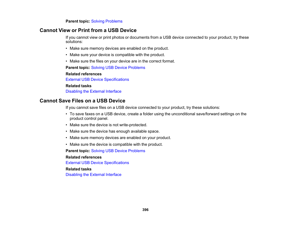 Cannot view or print from a usb device, Cannot save files on a usb device | Epson WorkForce Pro WF-C5890 Wireless Color MFP Inkjet Printer User Manual | Page 396 / 426