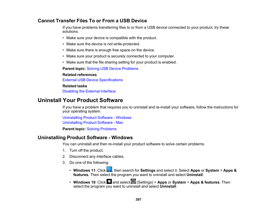 Cannot transfer files to or from a usb device, Uninstall your product software, Uninstalling product software - windows | Epson WorkForce Pro WF-C5890 Wireless Color MFP Inkjet Printer User Manual | Page 397 / 426