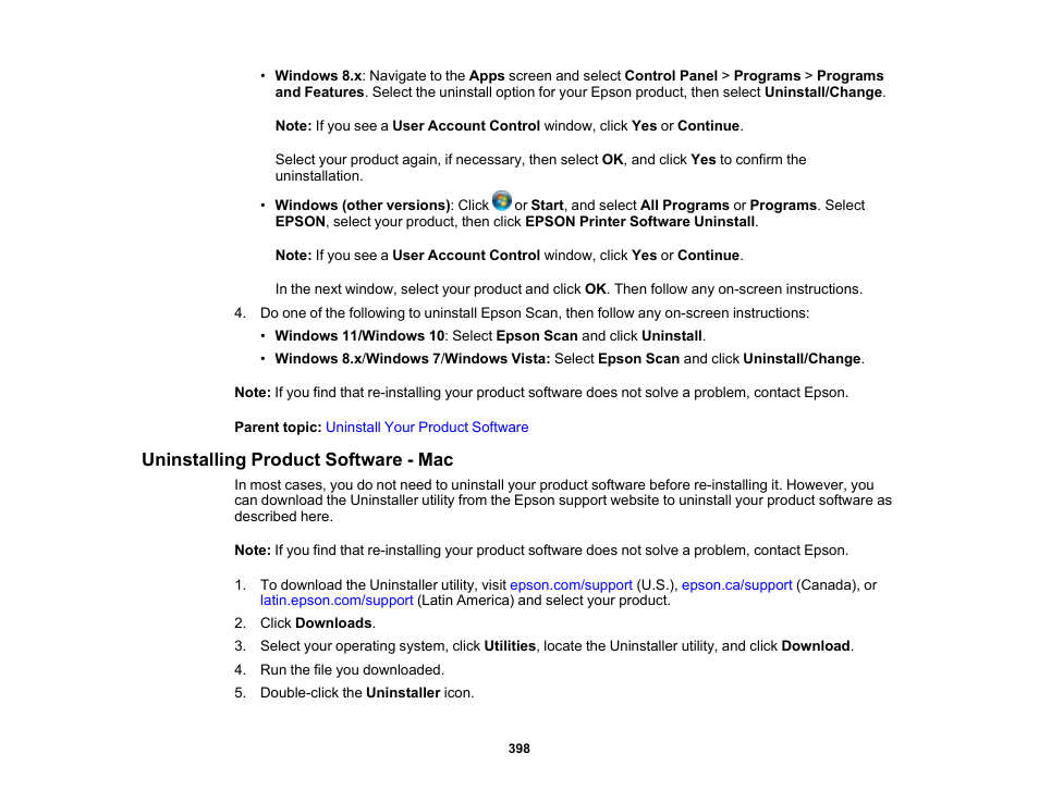 Uninstalling product software - mac | Epson WorkForce Pro WF-C5890 Wireless Color MFP Inkjet Printer User Manual | Page 398 / 426