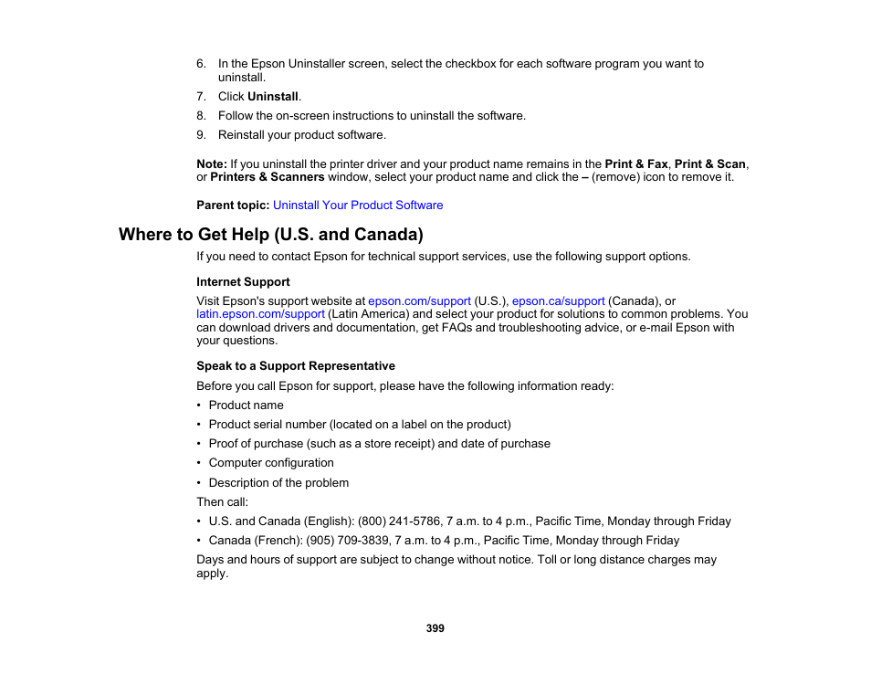 Where to get help (u.s. and canada) | Epson WorkForce Pro WF-C5890 Wireless Color MFP Inkjet Printer User Manual | Page 399 / 426