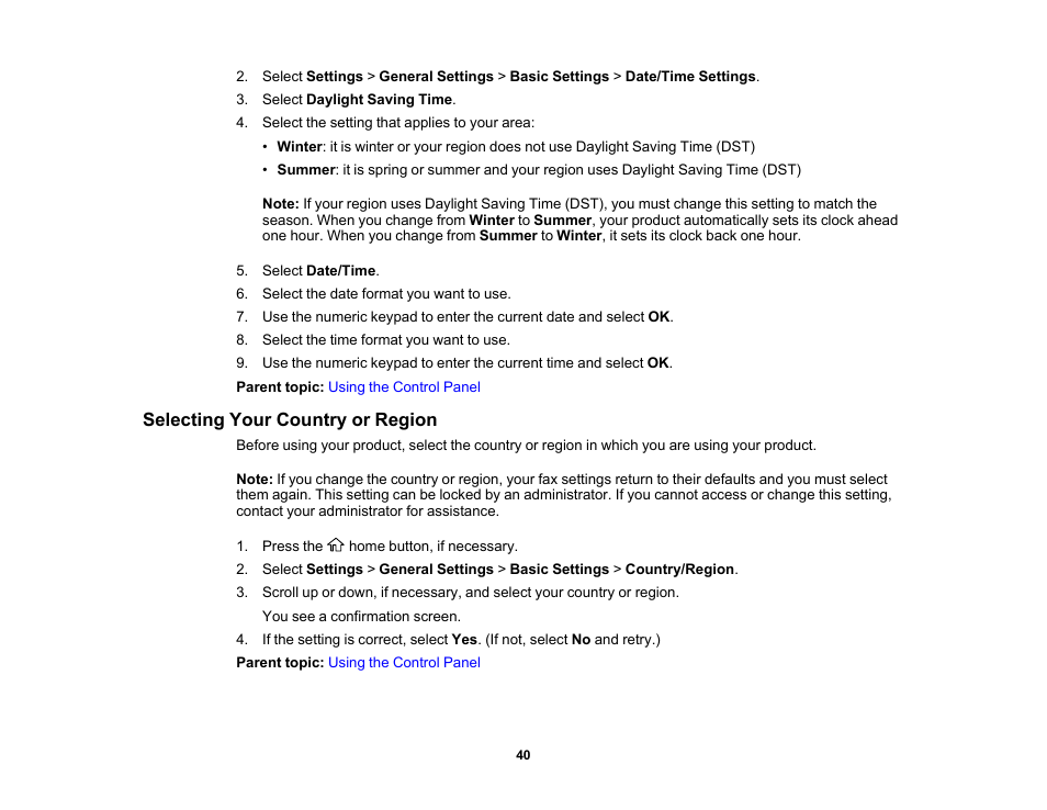 Selecting your country or region | Epson WorkForce Pro WF-C5890 Wireless Color MFP Inkjet Printer User Manual | Page 40 / 426