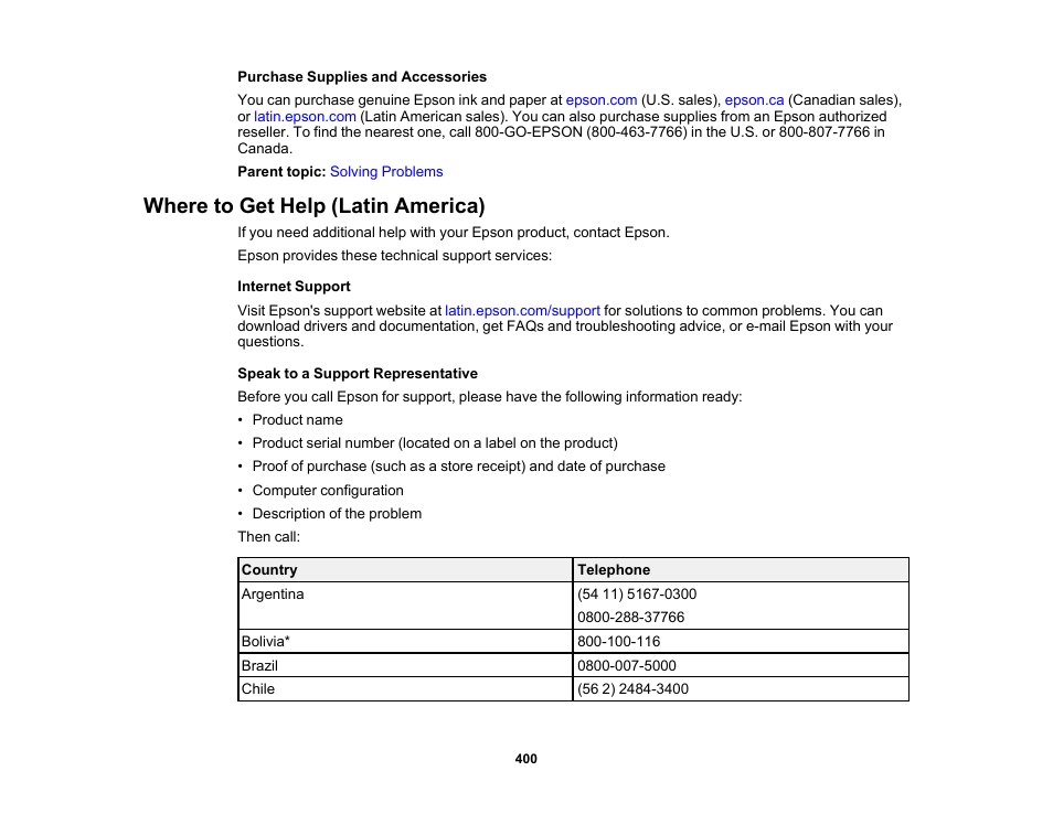 Where to get help (latin america) | Epson WorkForce Pro WF-C5890 Wireless Color MFP Inkjet Printer User Manual | Page 400 / 426