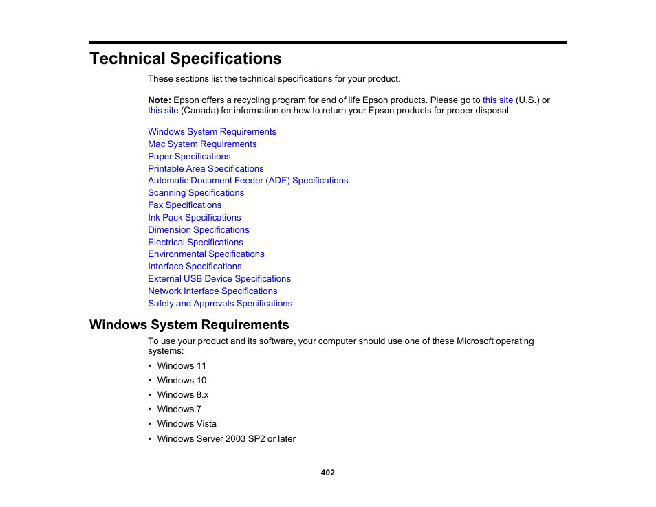 Technical specifications, Windows system requirements | Epson WorkForce Pro WF-C5890 Wireless Color MFP Inkjet Printer User Manual | Page 402 / 426