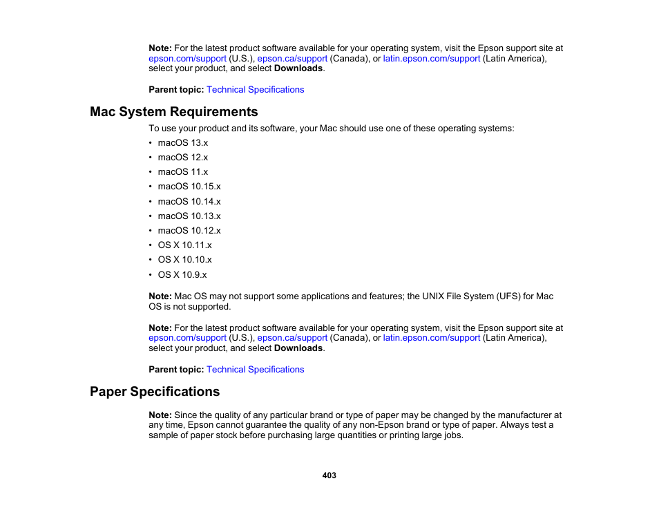 Mac system requirements, Paper specifications, Mac system requirements paper specifications | Epson WorkForce Pro WF-C5890 Wireless Color MFP Inkjet Printer User Manual | Page 403 / 426