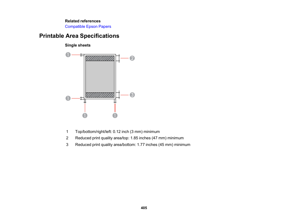 Printable area specifications | Epson WorkForce Pro WF-C5890 Wireless Color MFP Inkjet Printer User Manual | Page 405 / 426