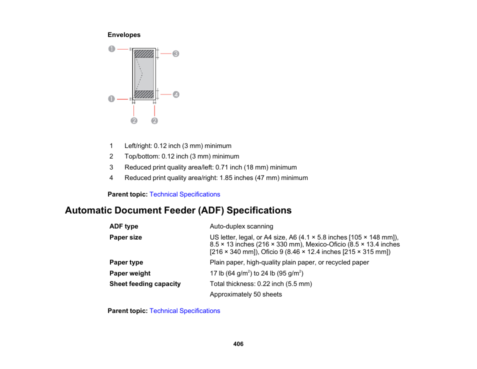Automatic document feeder (adf) specifications | Epson WorkForce Pro WF-C5890 Wireless Color MFP Inkjet Printer User Manual | Page 406 / 426