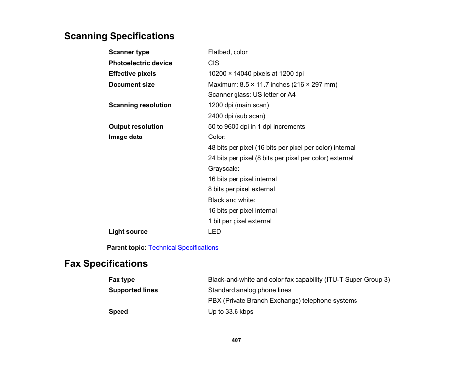 Scanning specifications, Fax specifications, Scanning specifications fax specifications | Epson WorkForce Pro WF-C5890 Wireless Color MFP Inkjet Printer User Manual | Page 407 / 426