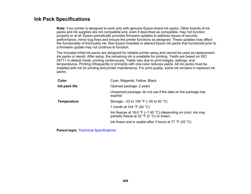 Ink pack specifications | Epson WorkForce Pro WF-C5890 Wireless Color MFP Inkjet Printer User Manual | Page 409 / 426