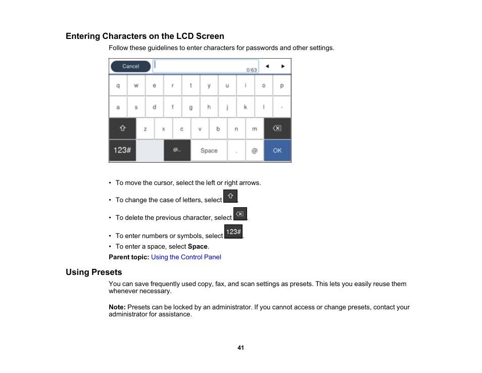 Entering characters on the lcd screen, Using presets | Epson WorkForce Pro WF-C5890 Wireless Color MFP Inkjet Printer User Manual | Page 41 / 426