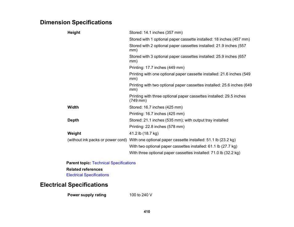 Dimension specifications, Electrical specifications, Dimension specifications electrical specifications | Epson WorkForce Pro WF-C5890 Wireless Color MFP Inkjet Printer User Manual | Page 410 / 426