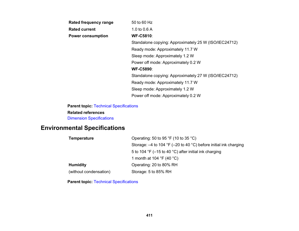 Environmental specifications | Epson WorkForce Pro WF-C5890 Wireless Color MFP Inkjet Printer User Manual | Page 411 / 426