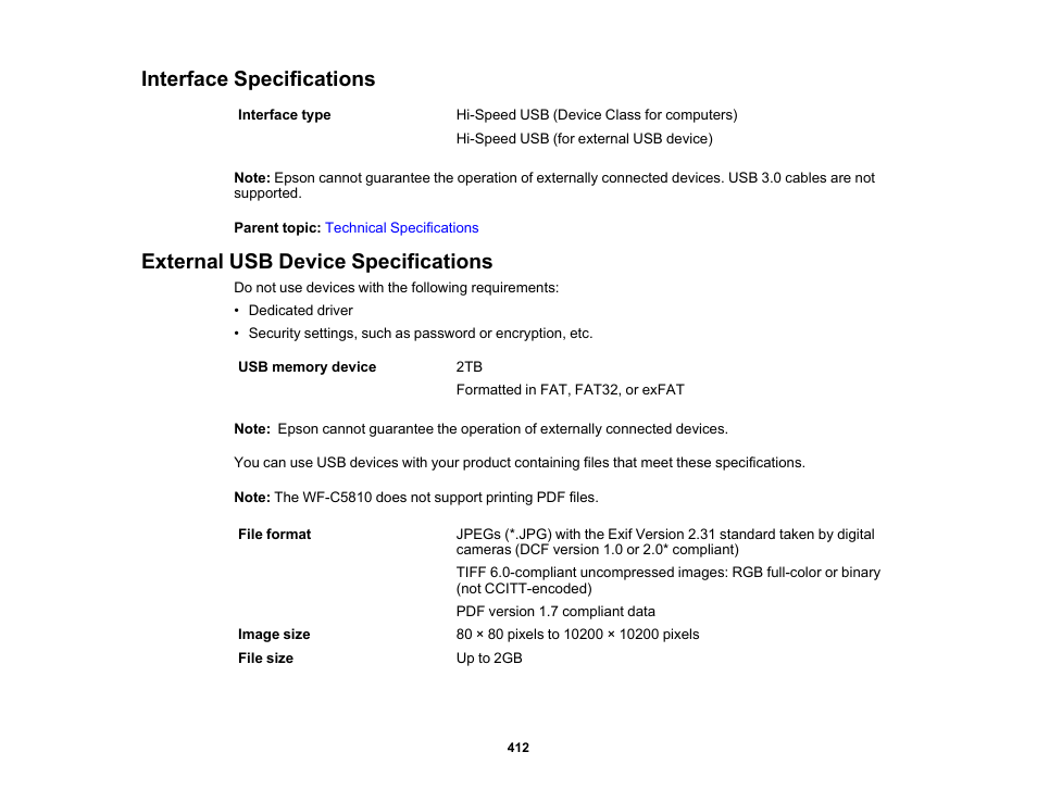 Interface specifications, External usb device specifications | Epson WorkForce Pro WF-C5890 Wireless Color MFP Inkjet Printer User Manual | Page 412 / 426