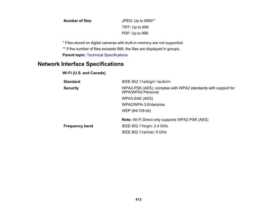 Network interface specifications | Epson WorkForce Pro WF-C5890 Wireless Color MFP Inkjet Printer User Manual | Page 413 / 426