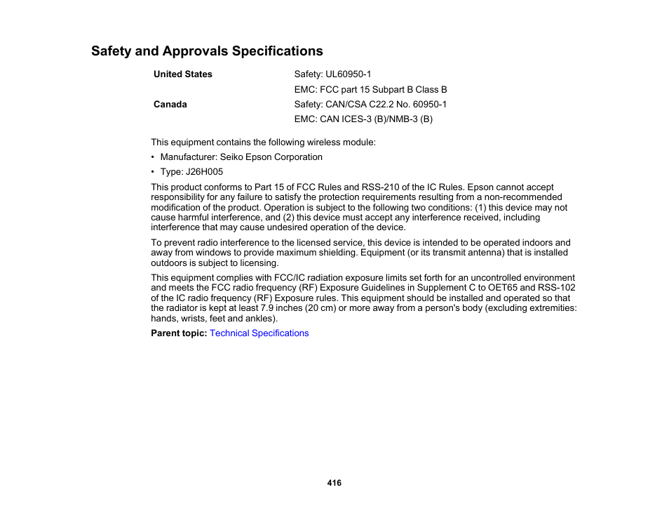 Safety and approvals specifications | Epson WorkForce Pro WF-C5890 Wireless Color MFP Inkjet Printer User Manual | Page 416 / 426