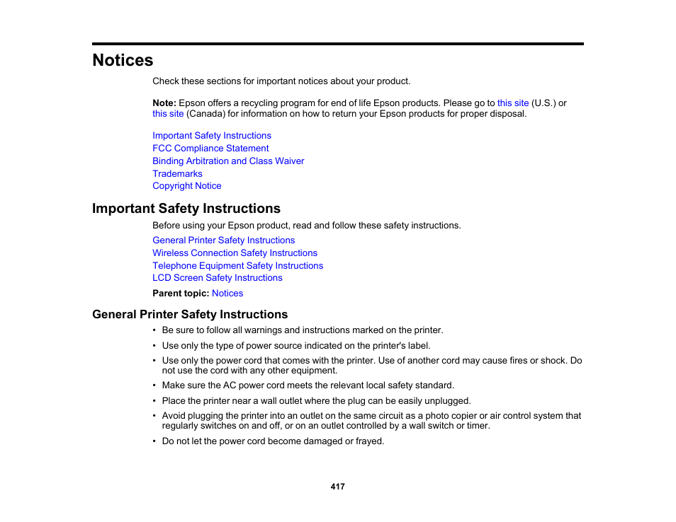 Notices, Important safety instructions, General printer safety instructions | Epson WorkForce Pro WF-C5890 Wireless Color MFP Inkjet Printer User Manual | Page 417 / 426