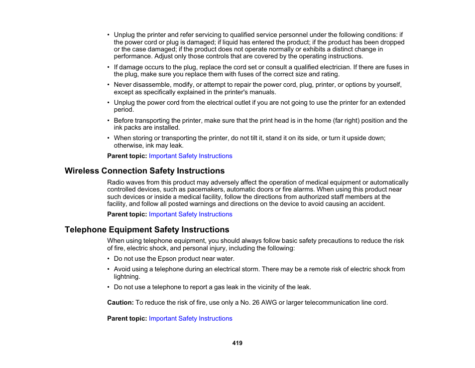 Wireless connection safety instructions, Telephone equipment safety instructions | Epson WorkForce Pro WF-C5890 Wireless Color MFP Inkjet Printer User Manual | Page 419 / 426