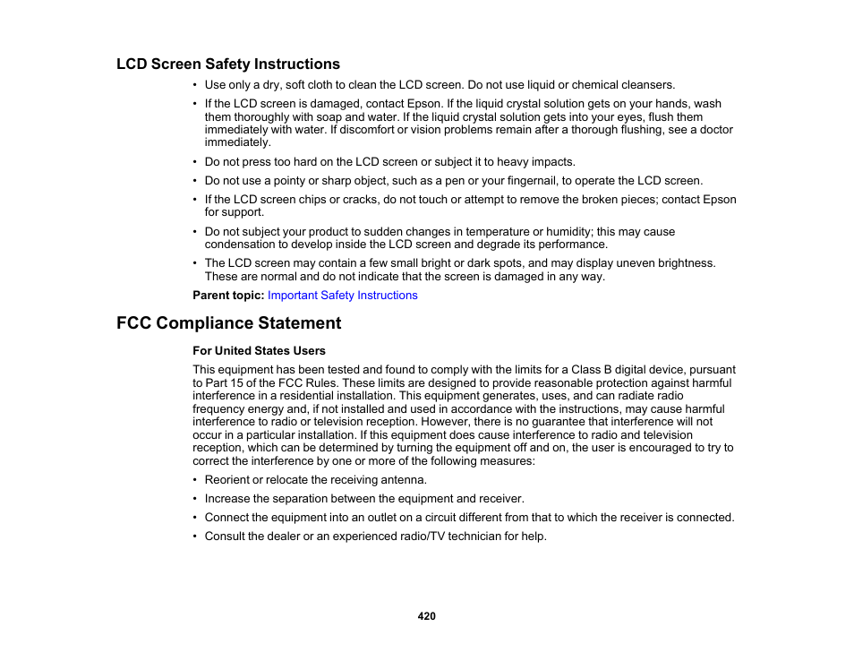 Lcd screen safety instructions, Fcc compliance statement | Epson WorkForce Pro WF-C5890 Wireless Color MFP Inkjet Printer User Manual | Page 420 / 426