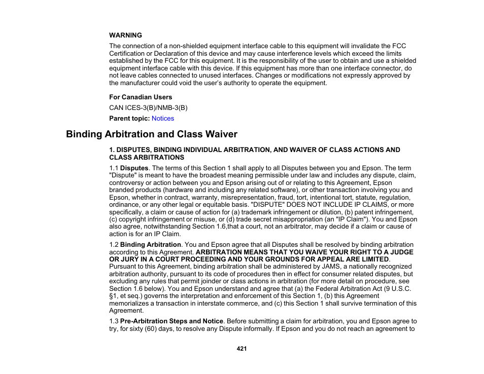 Binding arbitration and class waiver | Epson WorkForce Pro WF-C5890 Wireless Color MFP Inkjet Printer User Manual | Page 421 / 426