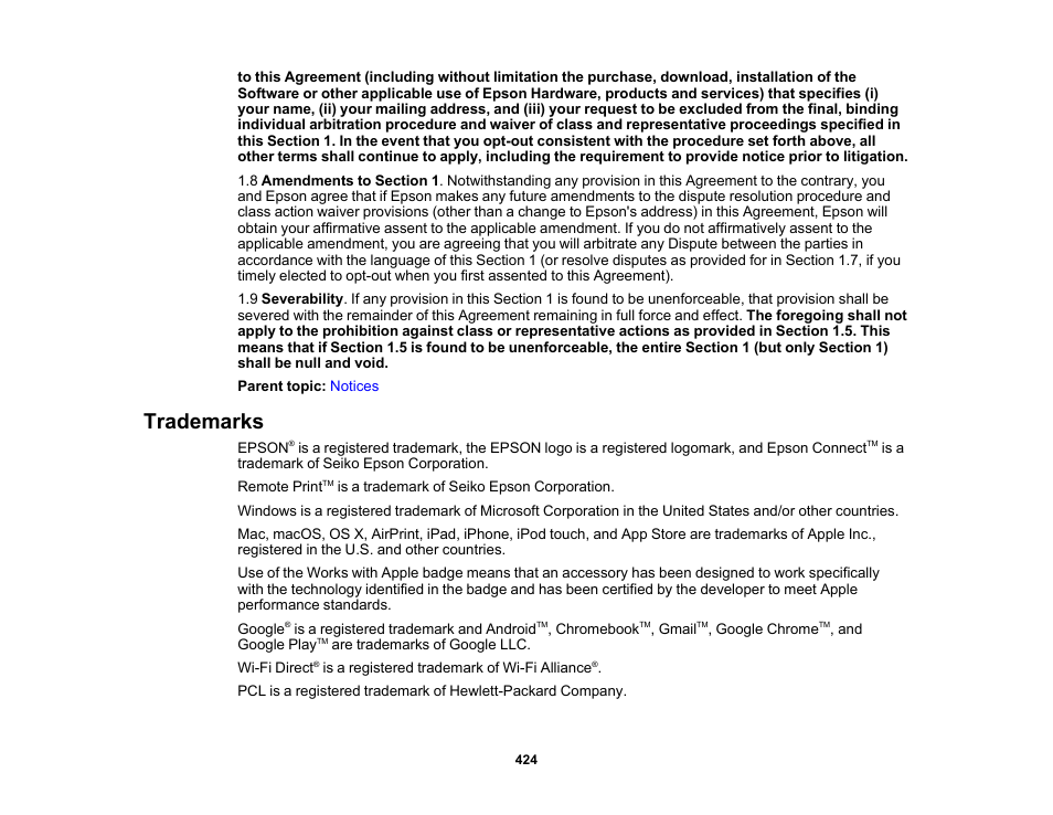Trademarks | Epson WorkForce Pro WF-C5890 Wireless Color MFP Inkjet Printer User Manual | Page 424 / 426