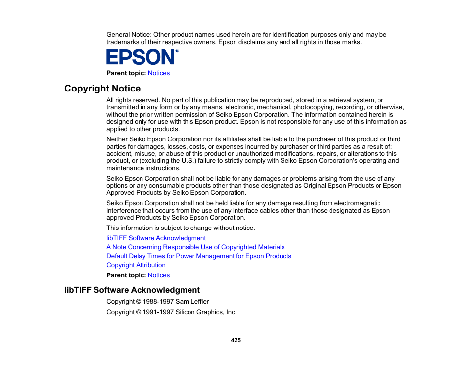 Copyright notice, Libtiff software acknowledgment | Epson WorkForce Pro WF-C5890 Wireless Color MFP Inkjet Printer User Manual | Page 425 / 426