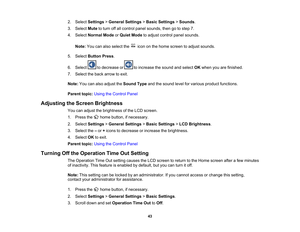 Adjusting the screen brightness, Turning off the operation time out setting | Epson WorkForce Pro WF-C5890 Wireless Color MFP Inkjet Printer User Manual | Page 43 / 426