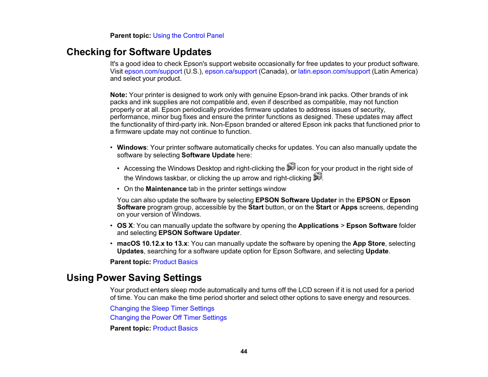 Checking for software updates, Using power saving settings | Epson WorkForce Pro WF-C5890 Wireless Color MFP Inkjet Printer User Manual | Page 44 / 426