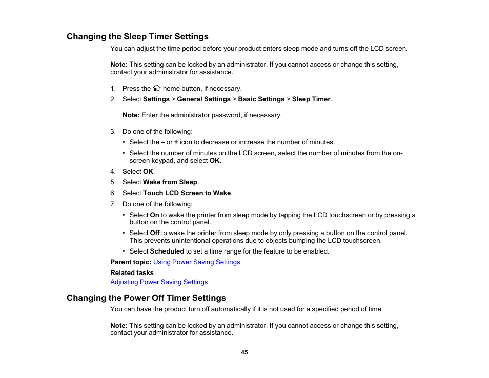 Changing the sleep timer settings, Changing the power off timer settings | Epson WorkForce Pro WF-C5890 Wireless Color MFP Inkjet Printer User Manual | Page 45 / 426