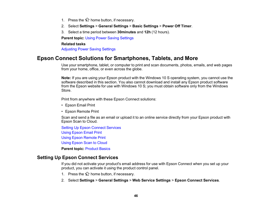 Setting up epson connect services | Epson WorkForce Pro WF-C5890 Wireless Color MFP Inkjet Printer User Manual | Page 46 / 426