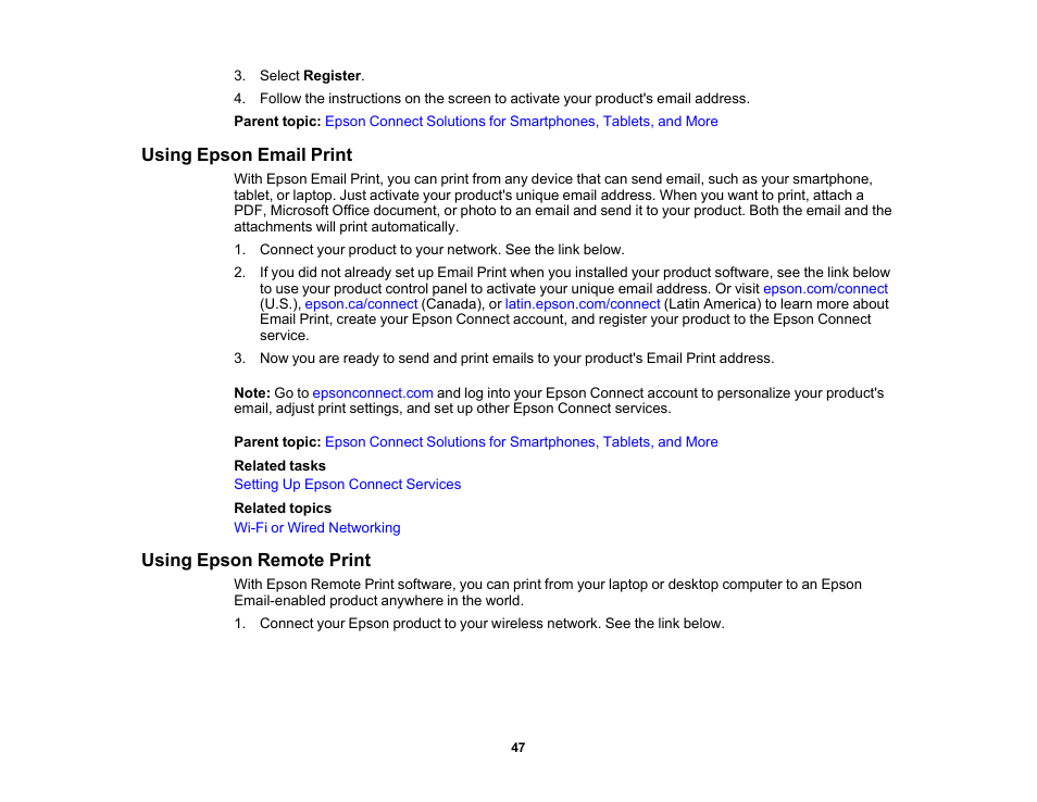 Using epson email print, Using epson remote print, Using epson email print using epson remote print | Epson WorkForce Pro WF-C5890 Wireless Color MFP Inkjet Printer User Manual | Page 47 / 426