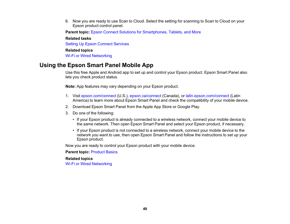 Using the epson smart panel mobile app | Epson WorkForce Pro WF-C5890 Wireless Color MFP Inkjet Printer User Manual | Page 49 / 426