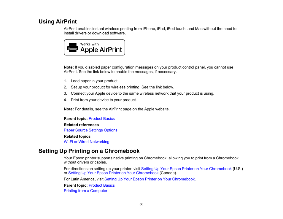 Using airprint, Setting up printing on a chromebook, Using airprint setting up printing on a chromebook | Epson WorkForce Pro WF-C5890 Wireless Color MFP Inkjet Printer User Manual | Page 50 / 426