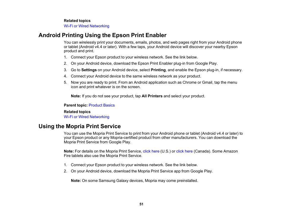 Android printing using the epson print enabler, Using the mopria print service | Epson WorkForce Pro WF-C5890 Wireless Color MFP Inkjet Printer User Manual | Page 51 / 426