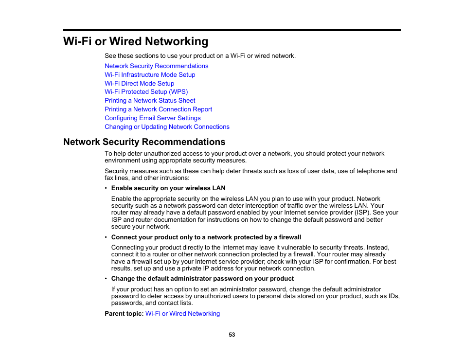 Wi-fi or wired networking, Network security recommendations | Epson WorkForce Pro WF-C5890 Wireless Color MFP Inkjet Printer User Manual | Page 53 / 426