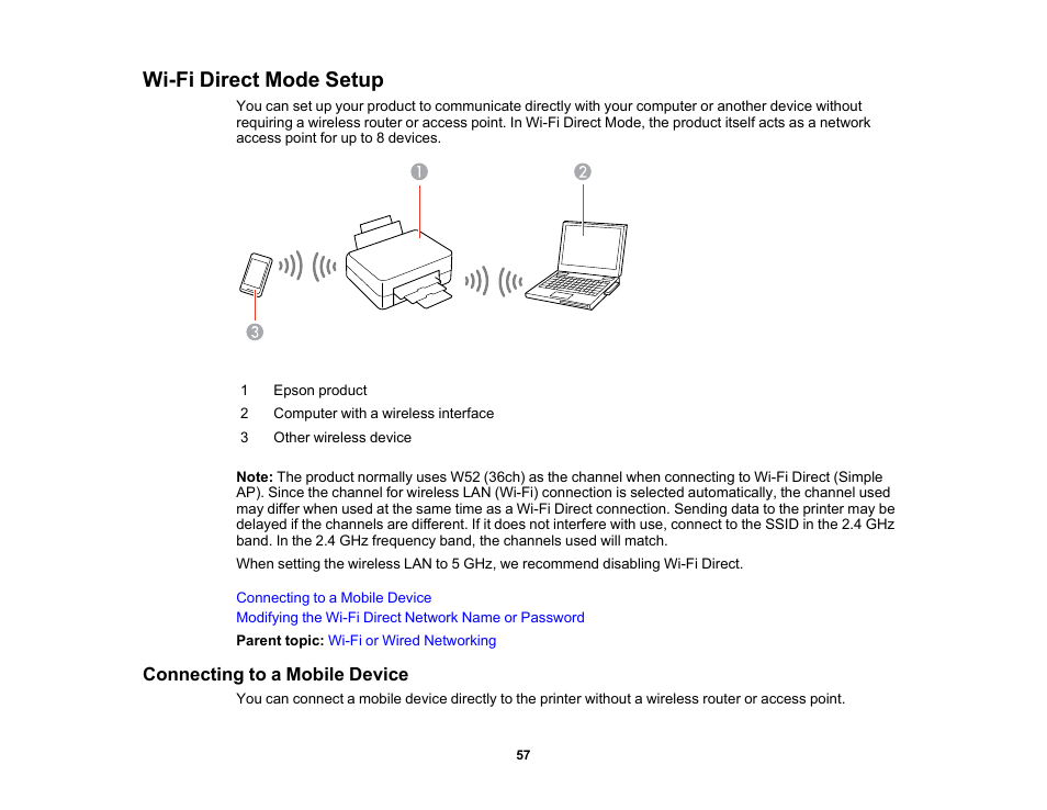 Wi-fi direct mode setup, Connecting to a mobile device | Epson WorkForce Pro WF-C5890 Wireless Color MFP Inkjet Printer User Manual | Page 57 / 426